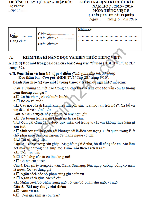 De thi hoc ki 2 lop 5 mon Tieng Viet - TH Ly Tu Trong Hiep Duc 2016