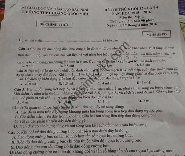 De thi thu THPT Quoc gia 2016 mon Vat Ly - THPT Hoang Quoc Viet lan 4