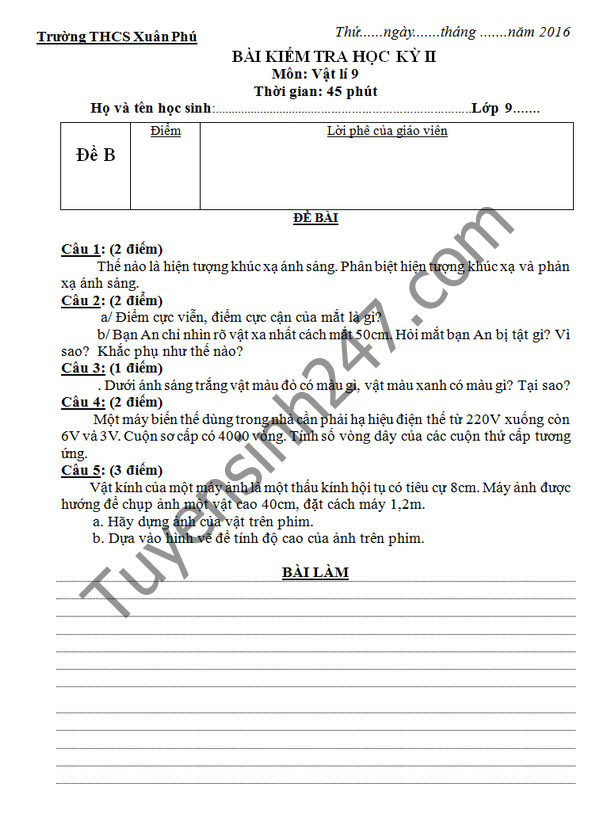 De thi hoc ki 2 lop 9 mon Vat Ly - THCS Xuan Phu 2016
