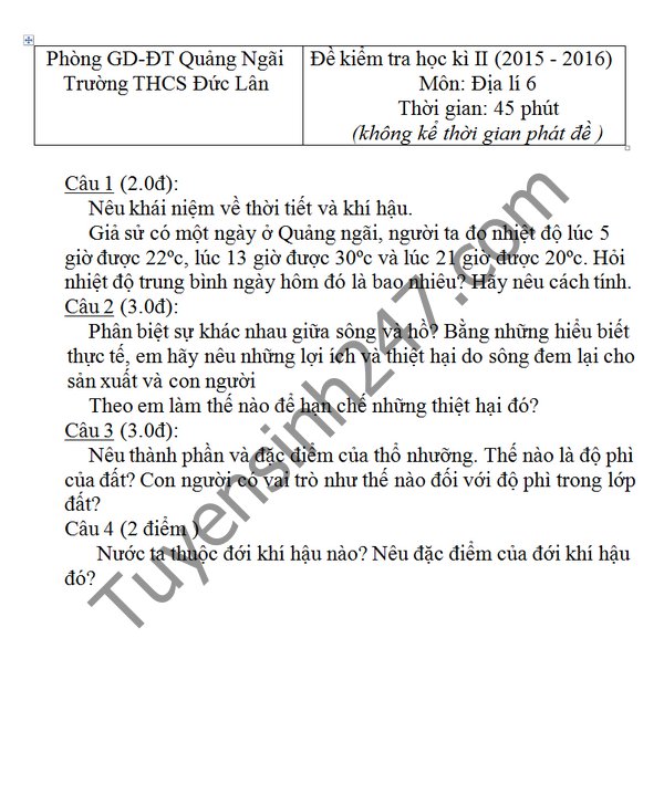 De thi hoc ki 2 lop 6 mon Dia - THCS Duc Lan 2016