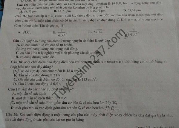 De thi thu THPT Quoc gia 2016 mon Vat Ly - THPT Hoang Quoc Viet lan 4