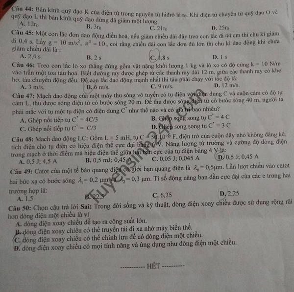 De thi thu THPT Quoc gia 2016 mon Vat Ly - THPT Hoang Quoc Viet lan 4