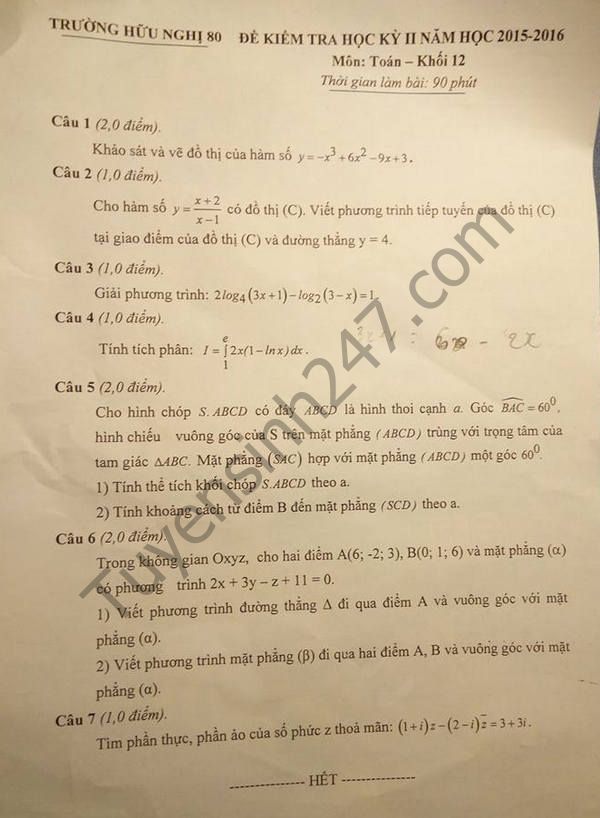 De thi hoc ki 2 lop 12 mon Toan 2016 –  Truong Huu Nghi 80