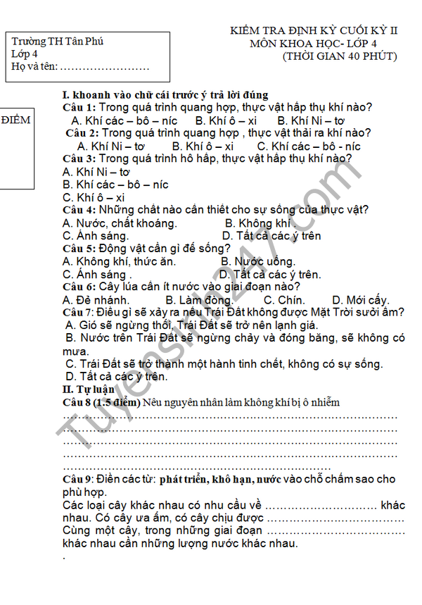 De thi hoc ki 2 lop 4 mon Khoa hoc - TH Tan Phu 2016