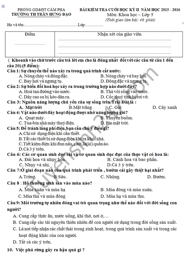 De thi hoc ki 2 lop 5 mon Khoa hoc - TH Tran Hung Dao 2016