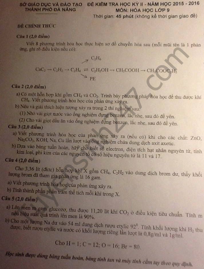 De thi hoc ki 2 lop 9 mon Hoa – So GD Da Nang 2016