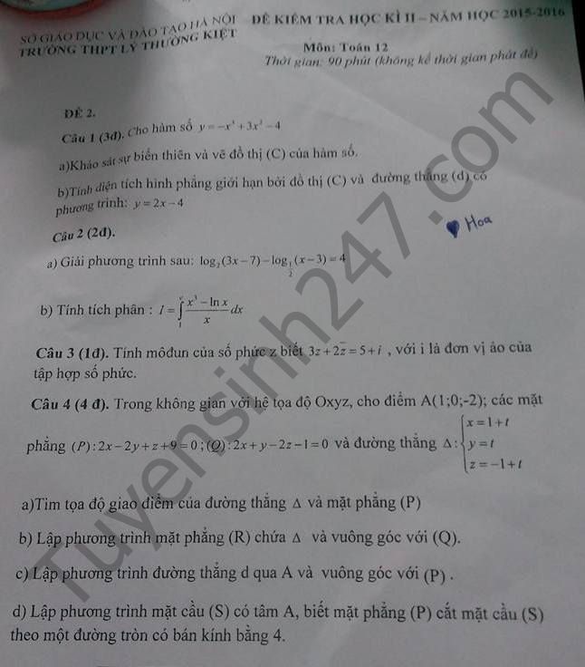 De thi hoc ki 2 lop 12 mon Toan – THPT Ly Thuong Kiet 2016