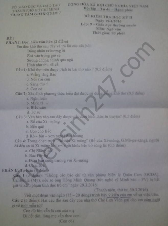 De thi hoc ki 2 lop 9 nam 2016 mon Van – Quan 7