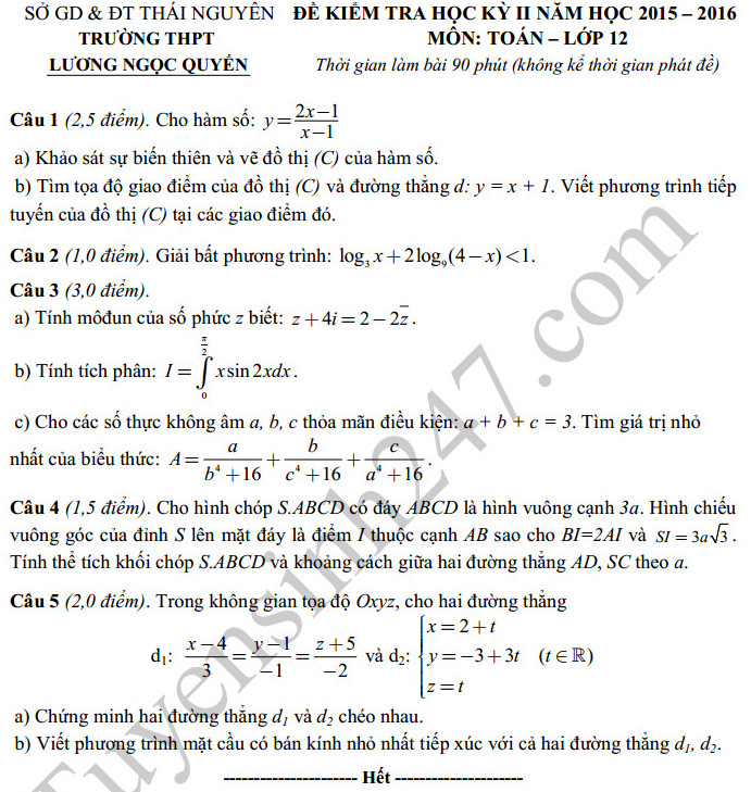 De thi hoc ki 2 lop 12 mon Toan 2016 –THPT Luong Ngoc Quyen