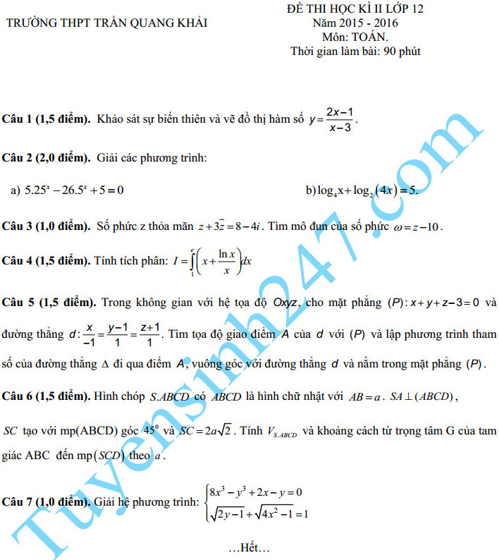 De thi hoc ki 2 lop 12 mon Toan – THPT Tran Quang Khai 2016