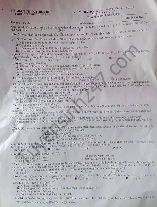 De thi hoc ki 2 lop 12 mon Vat Ly - THPT Phu Bai 2016