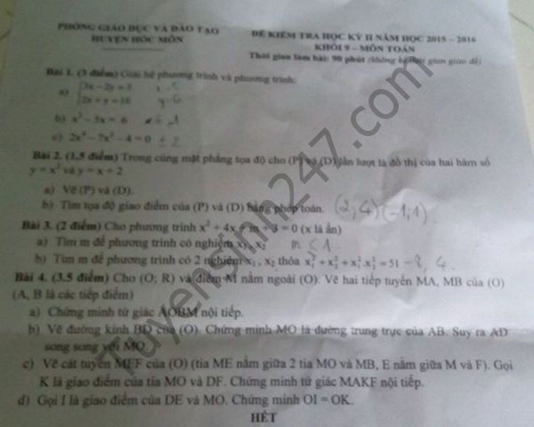 De thi hoc ki 2 lop 9 mon Toan - Phong GD&DT Hoc Mon 2016