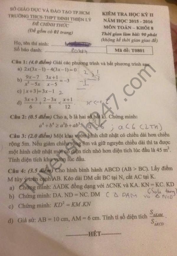 De thi hoc ki 2 lop 8 mon Toan - THCS&THPT Dinh Thien Ly 2016