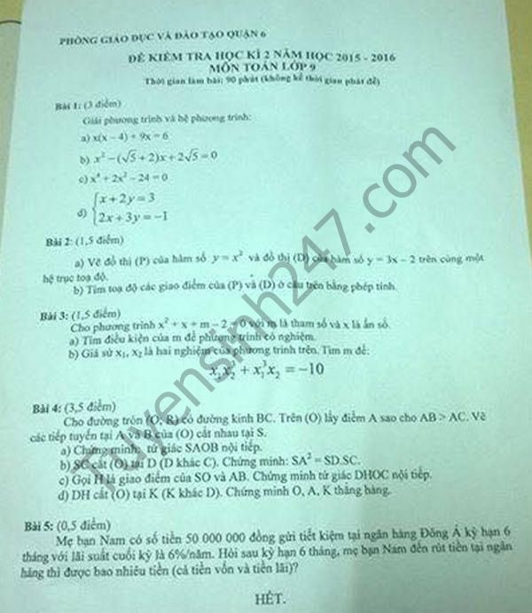 De thi hoc ki 2 lop 9 mon Toan 2016 - Quan 6