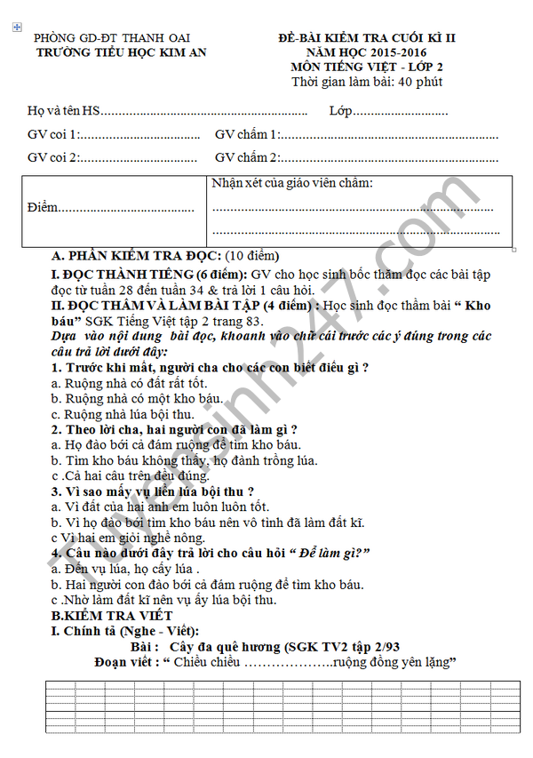 De thi hoc ki 2 lop 2 mon Tieng Viet - TH Kim An 2016