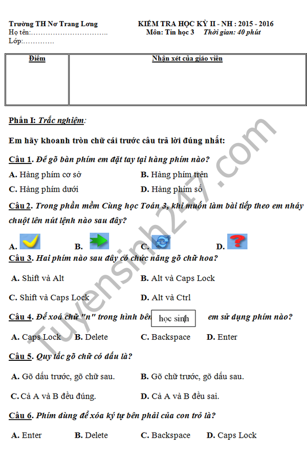 De thi hoc ki 2 lop 3 mon Tin hoc - TH No Trang Long 2016