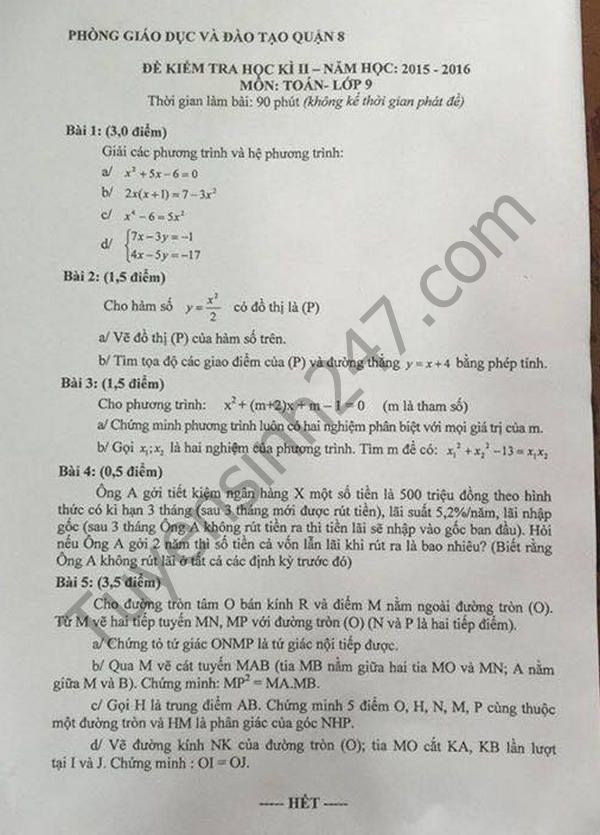 De thi hoc ki 2 lop 9 mon Toan - Phong GD&DT quan 8 2016
