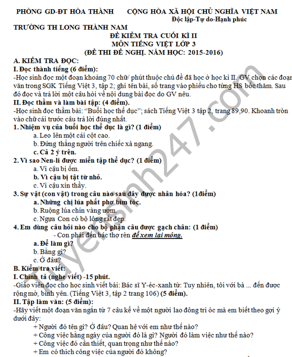 De thi hoc ki 2 lop 3 mon Tieng Viet - TH Long  Thanh Nam 2016