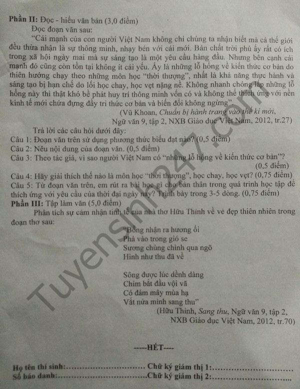 De thi hoc ki 2 lop 9 mon Van - So GD&DT Nam Dinh 2016