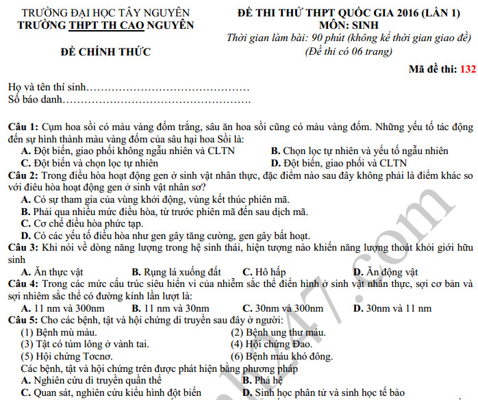 De thi thu THPTQG 2016 mon Sinh - THPT Cao Nguyen lan 1