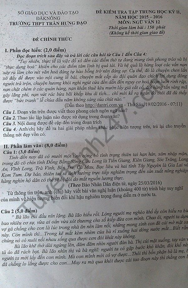 De thi hoc ki 2 lop 12 mon Van - THTP Tran Hung Dao 2016