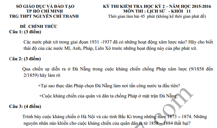 De thi hoc ki 2 lop 11 mon Su 2016 – THPT Nguyen Chi Thanh