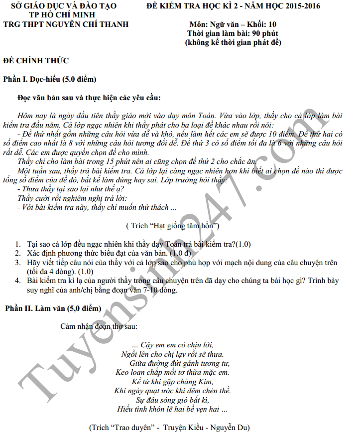 De thi hoc ki 2 nam 2016 mon Van 10 – THPT Nguyen Chi Thanh