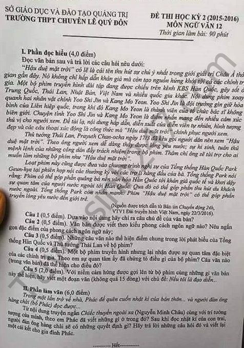 De thi hoc ki 2 lop 12 nam 2016 mon Van – THPT Chuyen Le Quy Don