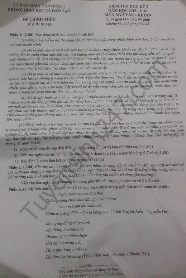 De thi hoc ki 2 lop 9 nam 2016 mon Van – Quan 3