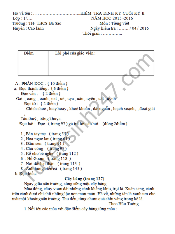 De thi hoc ki 2 lop 1 mon Tieng Viet - TH&THCS Ba Sao 2016