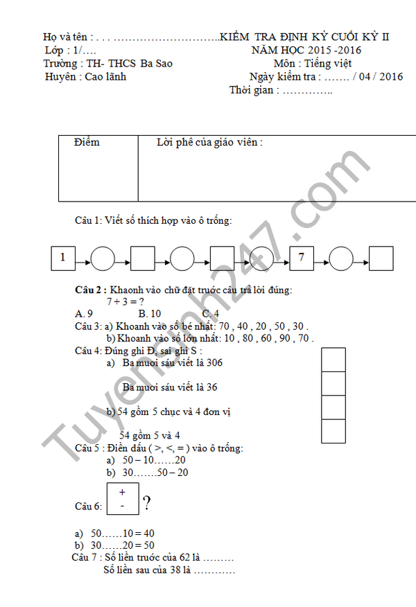 De thi hoc ki 2 lop 1 mon Toan - TH&THCS Ba Sao 2016