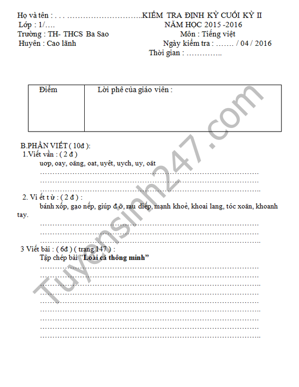 De thi hoc ki 2 lop 1 mon Tieng Viet - TH&THCS Ba Sao 2016