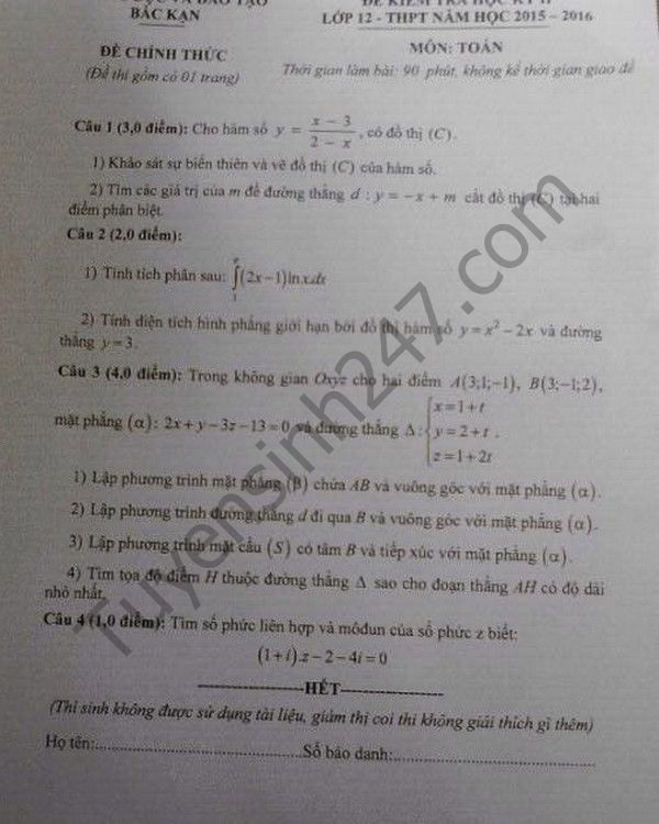 De thi hoc ki 2 lop 12 mon Toan - So GD&DT Bac Kan 2016