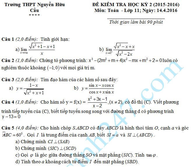 De thi hoc ki 2 lop 11 mon Toan 2016 – THPT Nguyen Huu Cau