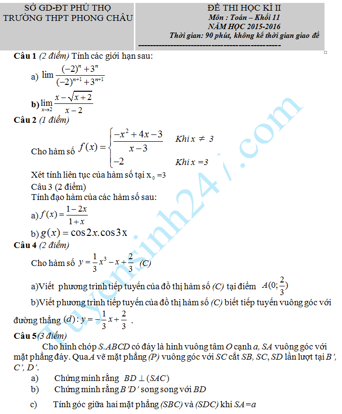 De thi hoc ki 2 lop 11 mon Toan – THPT Phong Chau 2016