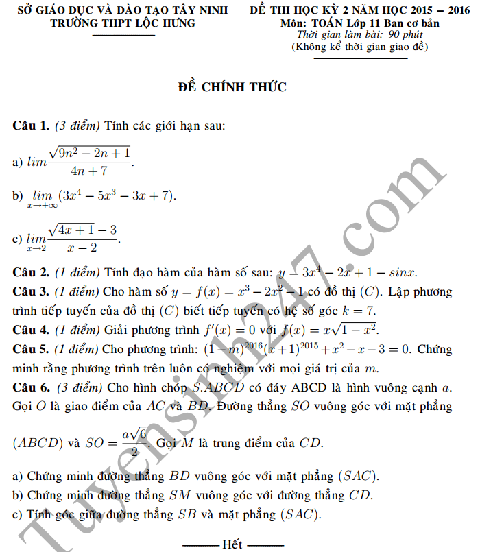 De thi hoc ki 2 lop 11 nam 2016 mon Toan – THPT Loc Hung