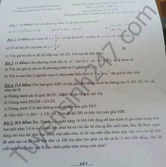 De thi hoc ki 2 lop 9 nam 2016 mon Toan – Binh Chanh