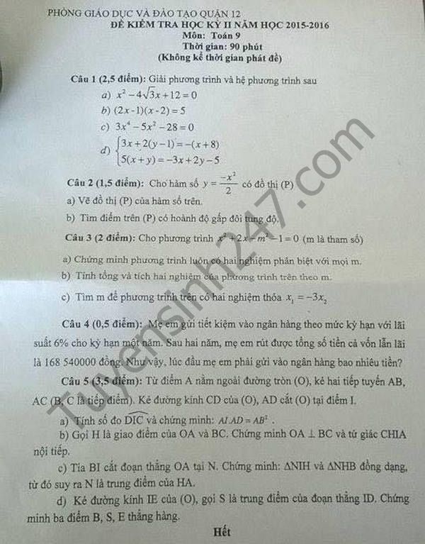 De thi hoc ki 2 lop 9 mon Toan - Phong GD&DT Quan 12 2016