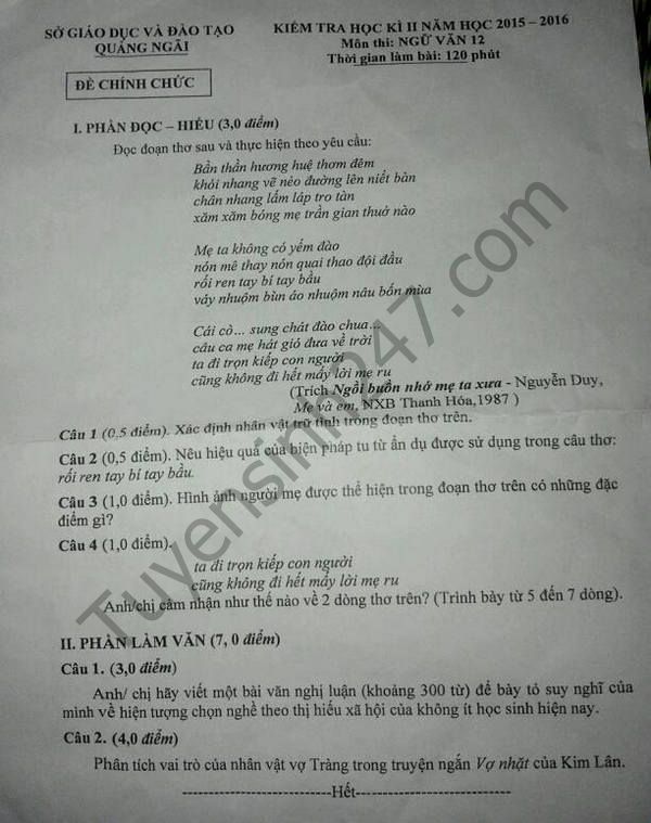 De thi hoc ki 2 lop 12 mon Van - So GD&DT Quang Ngai 2016