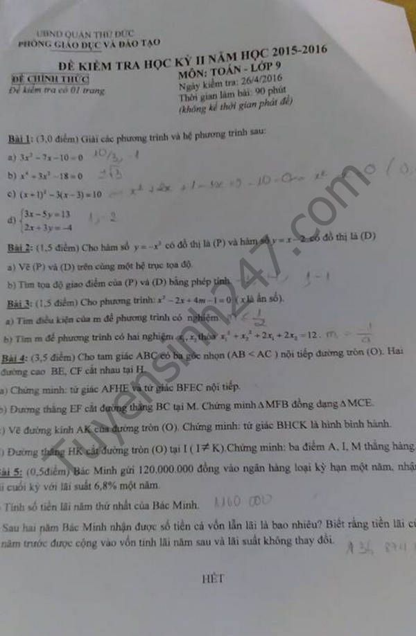 De thi hoc ki 2 lop 9 mon Toan - Phong GD&DT Thu Duc 2016