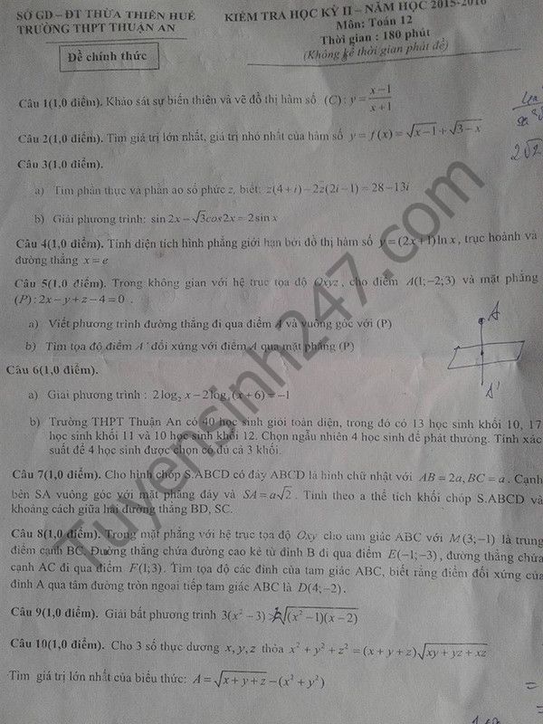 De thi hoc ki 2 lop 12 mon Toan - THPT Thuan An 2016