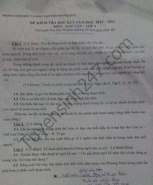 De thi hoc ki 2 lop 9 mon Van - Phong GD&DT TP. Hue 2016