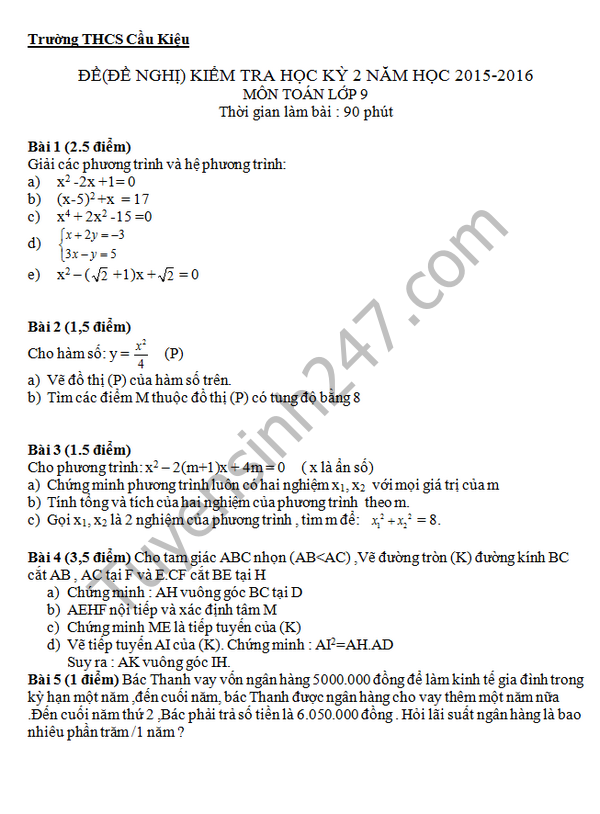 De thi hoc ki 2 lop 9 mon Toan  - THCS Cau Kieu 2016