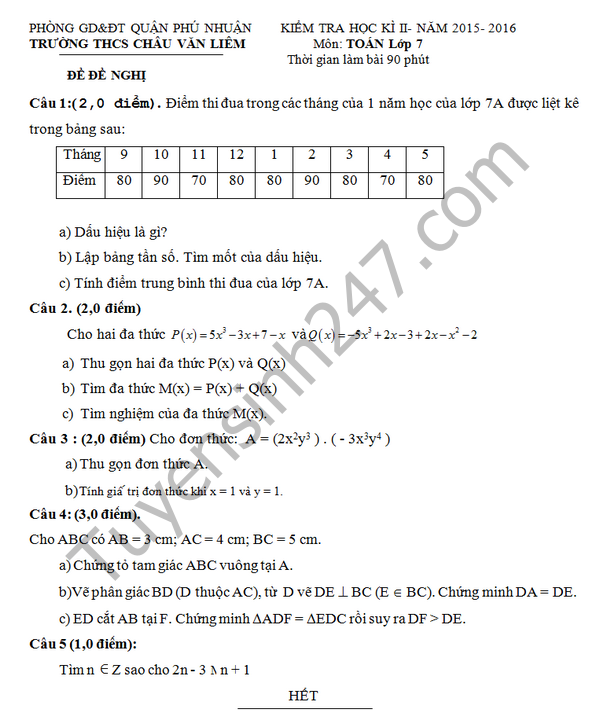 De thi hoc ki 2 lop 7 mon Toan - THCS Chau Van Liem 2016