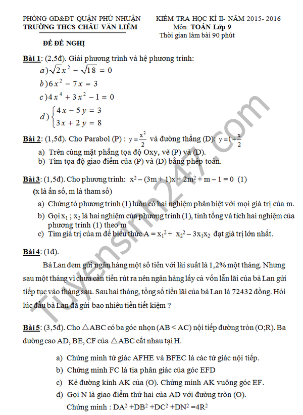 De thi hoc ki 2 lop 9 mon Toan - THCS Chau Van Liem 2016