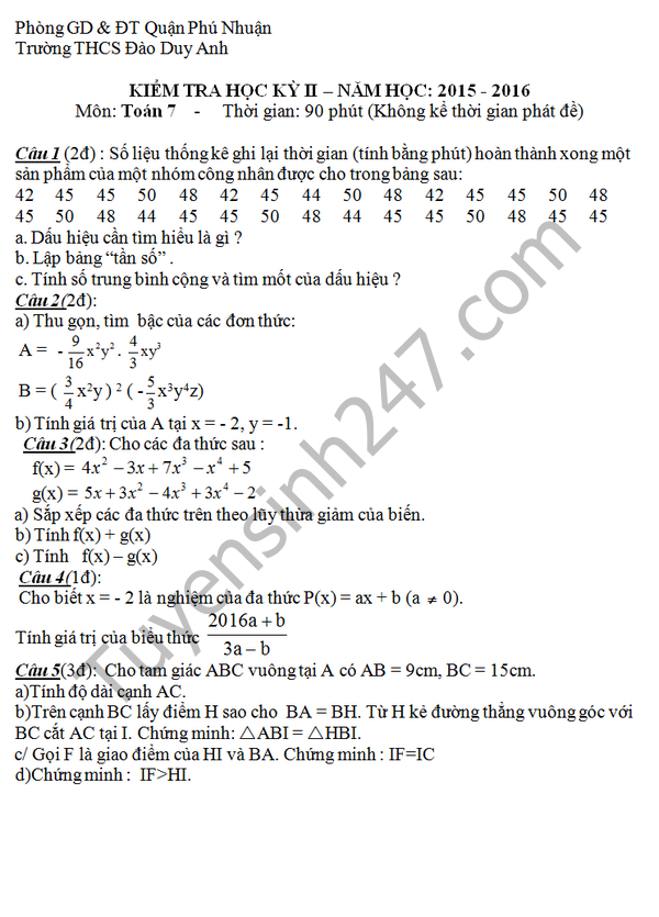 De thi hoc ki 2 lop 7 mon Toan - THCS Dao Duy Anh 2016