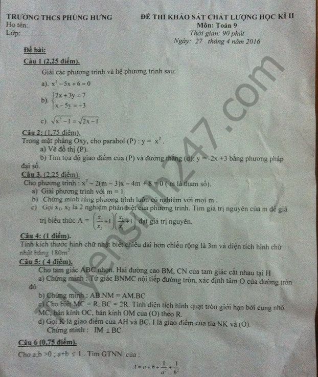 De thi hoc ki 2 lop 9 nam 2016 mon Toan – THCS Phung Hung