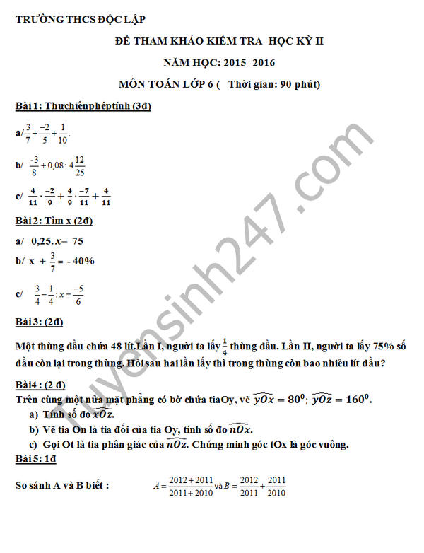 De thi hoc ki 2 lop 6 mon Toan - THCS Doc Lap 2016
