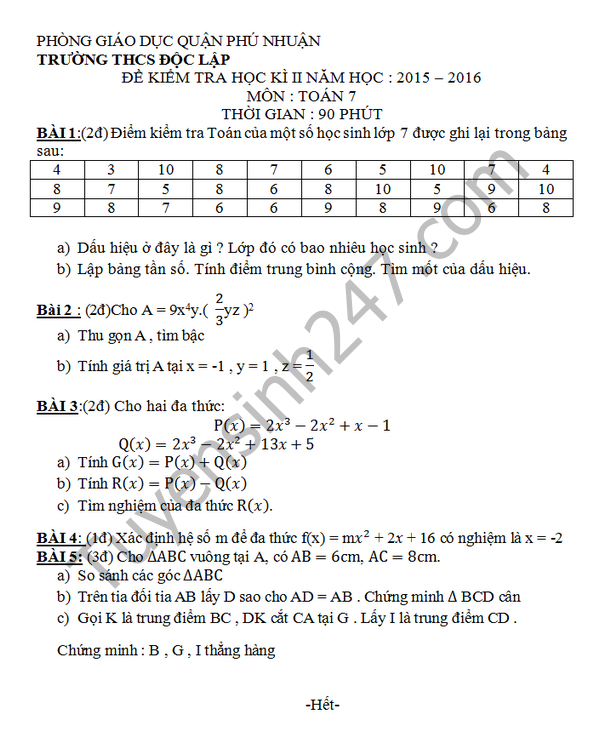 De thi hoc ki 2 lop 7 mon Toan - THCS Doc Lap 2016
