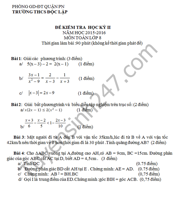 De thi hoc ki 2 lop 8 mon Toan - THCS Doc Lap 2016